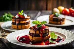 three small cakes with berries and sauce on them. AI-Generated photo