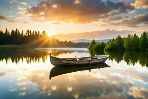 un barco se sienta en el calma agua a puesta de sol. generado por ai foto