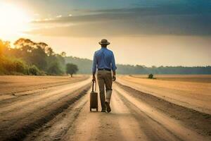 un hombre caminando abajo un suciedad la carretera con un maleta. generado por ai foto