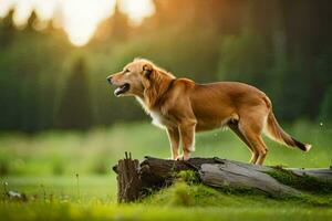 a dog standing on a log in a field. AI-Generated photo