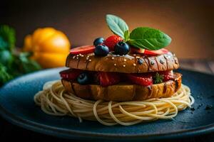 a sandwich with berries and spaghetti on a plate. AI-Generated photo