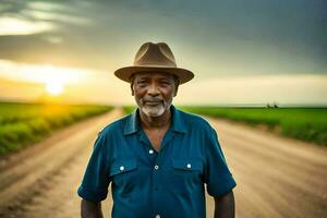 an older man standing on a dirt road with a sunset in the background. AI-Generated photo