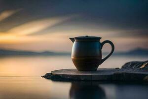 a coffee pot sits on a rock in front of the water. AI-Generated photo