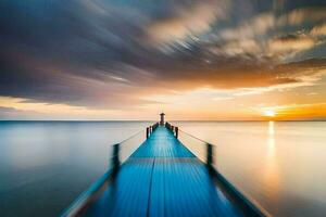 a long exposure photograph of a pier at sunset. AI-Generated photo