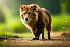 a lion walking on a dirt road in the middle of a field. AI-Generated photo