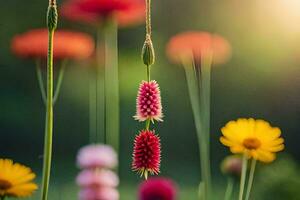 flowers hanging from a string in a field. AI-Generated photo