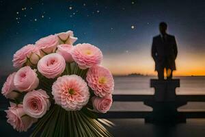 el hombre es en pie en frente de el flores y el cielo es lleno de estrellas. generado por ai foto