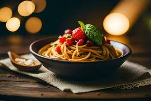 spaghetti with berries and basil on a wooden table. AI-Generated photo