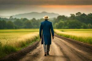 un hombre en un azul traje y sombrero camina abajo un suciedad la carretera. generado por ai foto