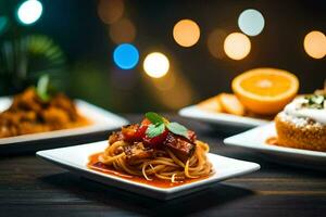 Tres platos de comida con luces en el antecedentes. generado por ai foto