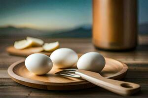 Tres huevos en un de madera plato con un tenedor. generado por ai foto