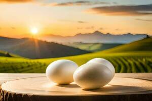 eggs on a wooden plate in front of a sunset. AI-Generated photo