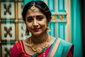 a woman in a sari and gold jewelry. AI-Generated photo