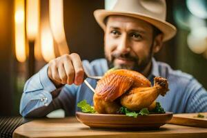 a man in a hat is eating a chicken. AI-Generated photo