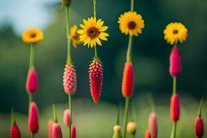 un grupo de vistoso flores son colgando desde un polo. generado por ai foto