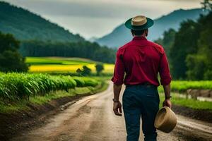 un hombre en un sombrero camina abajo un suciedad la carretera. generado por ai foto