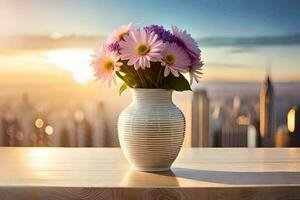 un florero con flores en un mesa en frente de un ciudad horizonte. generado por ai foto