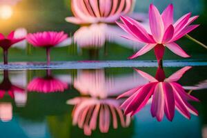 pink lotus flowers in the water with the sun setting behind them. AI-Generated photo