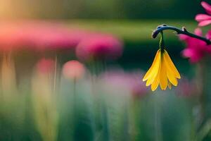a single yellow flower is in the middle of a field. AI-Generated photo