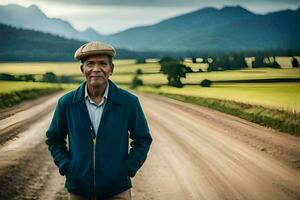 an older man standing on a dirt road in front of a green field. AI-Generated photo