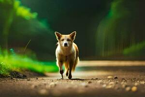 un perro caminando en un suciedad la carretera en el bosque. generado por ai foto
