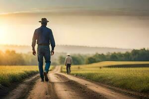 dos hombres caminando abajo un suciedad la carretera a puesta de sol. generado por ai foto