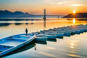 boats docked at the shore of a lake with a bridge in the background. AI-Generated photo