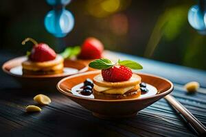 two small desserts with strawberries and nuts on a wooden table. AI-Generated photo