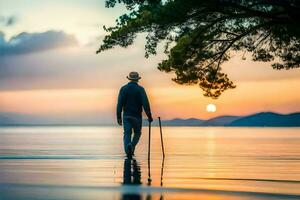 a man walking on the beach at sunset. AI-Generated photo