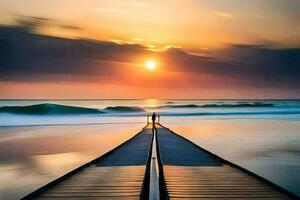 a man and woman walk along a pier at sunset. AI-Generated photo