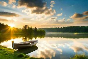 el barco en el lago a puesta de sol. generado por ai foto