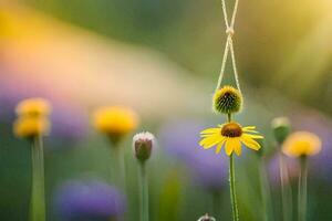 a yellow flower is hanging from a string. AI-Generated photo