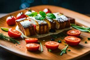 a plate with food on it and tomatoes. AI-Generated photo