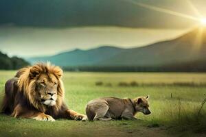 a lion and a dog are sitting in the grass. AI-Generated photo