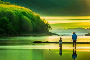 un hombre y un niño estar en el apuntalar de un lago a puesta de sol. generado por ai foto