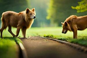 two dogs are standing on the side of a train track. AI-Generated photo