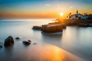 a long exposure photograph of a lighthouse at sunset. AI-Generated photo