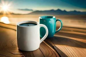 two coffee mugs on a wooden table with the sun setting behind them. AI-Generated photo