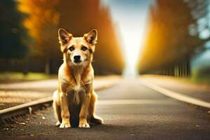 un perro sentado en el la carretera en el medio de un bosque. generado por ai foto