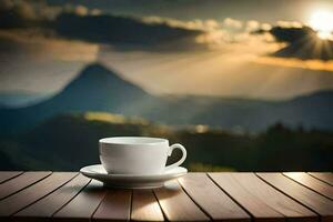 a cup of coffee on a wooden table in front of a mountain view. AI-Generated photo