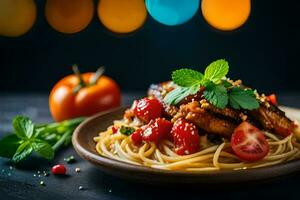 chicken with tomato sauce and pasta on a plate. AI-Generated photo