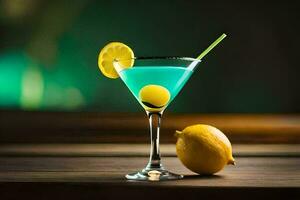 blue cocktail with lemon on a wooden table. AI-Generated photo