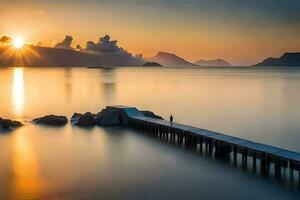 un muelle en el medio de el Oceano a puesta de sol. generado por ai foto