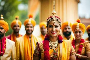 a bride and groom in traditional indian attire. AI-Generated photo