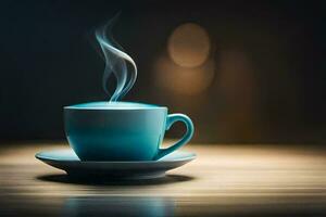 a blue cup of coffee on a wooden table. AI-Generated photo