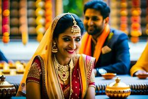 a beautiful indian bride and groom in traditional attire. AI-Generated photo