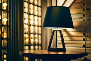 a table lamp is on a table in front of a window. AI-Generated photo