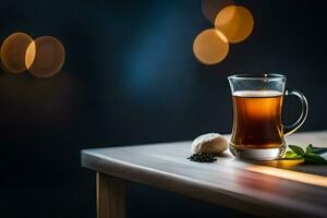 a cup of tea on a wooden table with a bokeh effect. AI-Generated photo