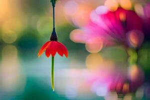a red flower hanging from a branch over water. AI-Generated photo