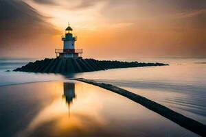 a lighthouse is reflected in the water at sunset. AI-Generated photo